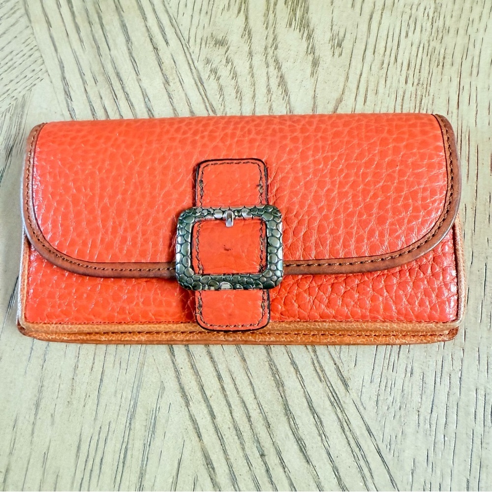 BRIGHTON  ARCHER Navy Orange & Tan pebbled Leather med. WALLET Organizer Clutch
